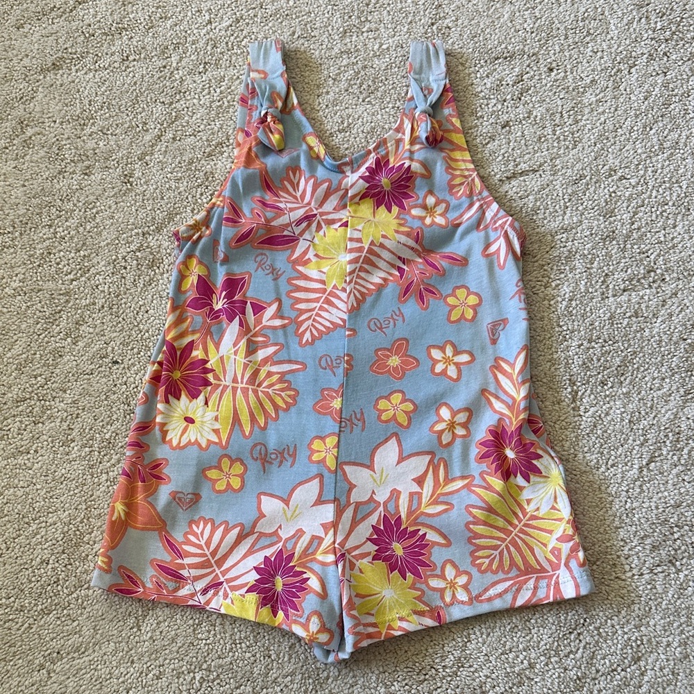 Roxy Light Blue Floral Knit Romper with Pink & Yellow Blooms